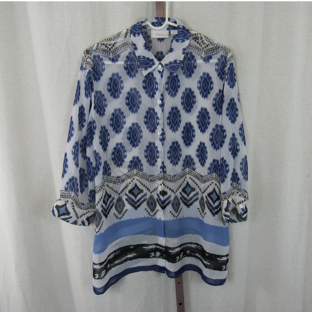 Chico's Size 2 Large Semi Sheer Blue and White Geometric Button Down Blouse